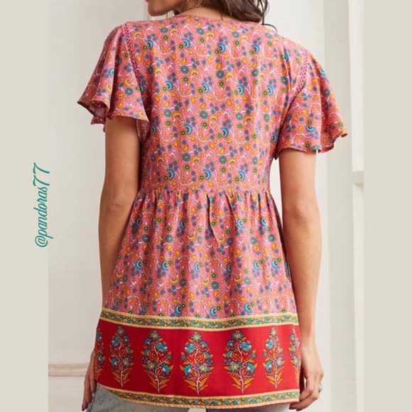 SUZANNE BETRO—WEEKEND PINK & BURGUNDY FLORAL FLUTTER-SLEEVE, EMPIRE WAIST TUNIC. - Picture 3 of 5